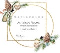 Watercolor vector circle brilliant golden decorative frames with spruce branches, eucalyptus, pine cones, winter berries.