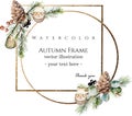 Watercolor vector circle golden decorative frames with spruce branches, eucalyptus, pine cones, winter berries. Royalty Free Stock Photo