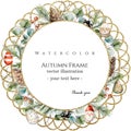 Watercolor vector circle lacy brilliant golden frame with cedar branches, eucalyptus, christmas tree toys. Royalty Free Stock Photo