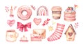 Watercolor vector collection with pinky romantic elements. Hearts illustrations, cute cup, flowers, cake, donut, birdhouse. Love