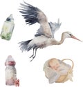 Watercolor vector cute baby shower set of baby things, babies, stork, isolated on white background. Royalty Free Stock Photo