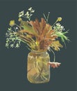 Watercolor vector drawing of bouquet wild flowers and leaves in glass pot