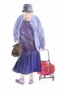 Watercolor vector drawing of casual old woman with bags strolling outdoors