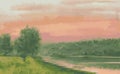 Watercolor vector drawing of landscape with sunset over riverside on summer day Royalty Free Stock Photo