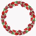 Watercolor vector drawing of wreath from red tulips with green leaves Royalty Free Stock Photo