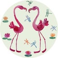 Watercolor vector drawings of two cartoon pink flamingos, flying dragonflies and water lilies Royalty Free Stock Photo