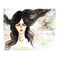 Watercolor Vector fashion illustration. Watercolor mystic girl with closed eyes. Watercolor woman in the sky with a moon. Royalty Free Stock Photo