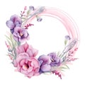 Watercolor vector floral wreath with purple iris flowers, eustoma and wildflowers.