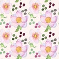 Watercolor vector hand drawn illustration, seamless pattern with pink and green dots and flowers