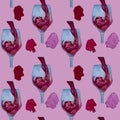 Watercolor vector hand drawn illustration, seamless pattern with a glass of red wine Royalty Free Stock Photo