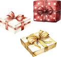 Watercolor vector hand painted set of red, golden, white boxes with bows, gifts for celebration. Royalty Free Stock Photo