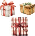 Watercolor vector hand painted set of red plaid, golden, white boxes with bows, gifts for celebration. Royalty Free Stock Photo