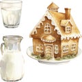 Watercolor vector hand painted winter holiday food set of ginger house, carafe and glass of warm milk.