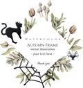 Watercolor vector Happy Halloween frame with spider, spiderweb, black cat, isolated on a white background.