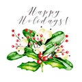 Watercolor vector illustration. Christmas bouquet with mistletoe, holly jolly and guelder rose berries. Greeting card Royalty Free Stock Photo