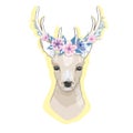 Watercolor vector illustration isolated deer, big antlers, flowers and birds on the horns, branches cherry flowering Royalty Free Stock Photo