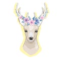 watercolor vector illustration isolated deer, big antlers, flowers and birds on the horns, branches cherry flowering Royalty Free Stock Photo