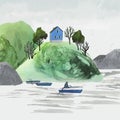 Watercolor vector Illustration with man on boat. Scandinavian vector landscape with house, trees, river and boats. Rainy day.