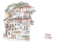 Watercolor Vector ink Sketch of Como city, Lombardy, Northern Italy. Lake Como, Lario view. Italian Sightseeing