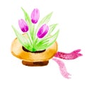 Watercolor vector ladies straw hat decorated with tulips and ribbons.