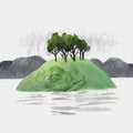 Watercolor vector landscape with hills, trees and river. Overcast sky. Romantic Illustration for poster, postcard, banner, print