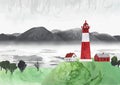 Watercolor vector landscape with lighthouse, mountais and houses. Romantic Illustration Royalty Free Stock Photo