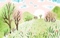 Nature watercolor vector landscape with fox, birds, meadow, trees, sunrise and mountains. Spring hand draw vector Illustration