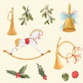 Watercolor vector nice christmas set with baby rocking horse golden bell trumpet holly flowers and berries isolated