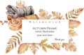 Watercolor vector autumn floral banner with golden dried leaves, branches, leaf frame border, isolated on white background. Royalty Free Stock Photo