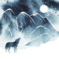 Watercolor vector landscape. Silhouette of wolf howling at the full moon Royalty Free Stock Photo