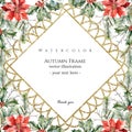 Watercolor vector poinsettia, eucalyptus lacy golden frame in rhombus shape with spruce, fir, cedar branches, eucalyptus