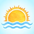 Watercolor vector rising sun with sea waves