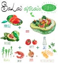 Watercolor vector salad recipe with avocado filling.