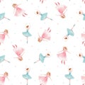 Watercolor vector seamless pattern with cute dancing girls ballet nutcracker ballerina clip art isolated illustrations