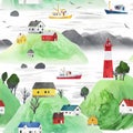 Watercolor vector seamless pattern with houses, lighthouse, mountains and ships. Scandinavian rural landscape
