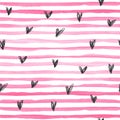 Watercolor vector seamless pattern with pink horizontal stripes amd black hand drawn hearts on a white background.