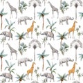 Watercolor vector seamless patterns with safari animals and palm trees. Elephant giraffe.