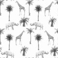 Watercolor vector seamless patterns with safari animals and palm trees. Elephant giraffe.