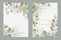 Watercolor vector set wedding invitation card template design with green eucalyptus leaves