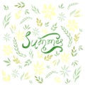 Watercolor vector summer card with green leaves and flowers