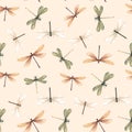 Watercolor vector summer dragonfly insect colourful seamless pattern Royalty Free Stock Photo