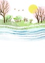 Watercolor vector template with river, blooming trees, sun and place for text or illustration. Spring hand draw vector Royalty Free Stock Photo