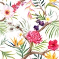 Watercolor vector tropical floral pattern