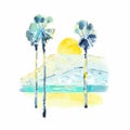 Watercolor vector tropical landscape with palm trees, mountains and sea. Summer bright illustration Royalty Free Stock Photo