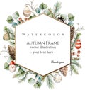 Watercolor vector winter golden geometric frame with spruce branches, eucalyptus, pine cones, winter berries, christmas toys. Royalty Free Stock Photo