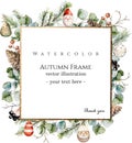 Watercolor vector winter square golden frame with borders made spruce, fir, cedar branches, eucalyptus. Royalty Free Stock Photo