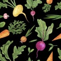 Watercolor Vegan Pattern isolated on black background.. Seamless Hand Drawn root Vegetables. Gardening Background