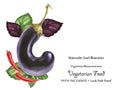 Watercolor vegan vignette by basil and eggplant Royalty Free Stock Photo