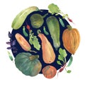 Watercolor vegetable circle with a natural illustration of veggies for design sign, agribusiness logo, organic food banner, health