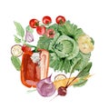 Watercolor vegetable food. Farmer`s market. Round composition of farm products Fresh organic food